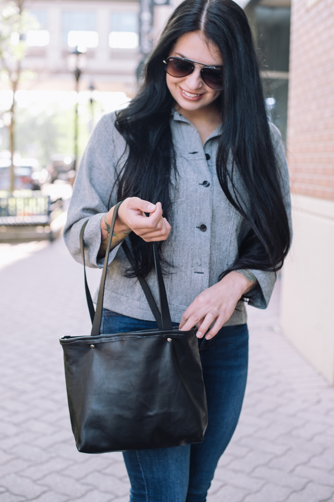 Simple black leather online tote